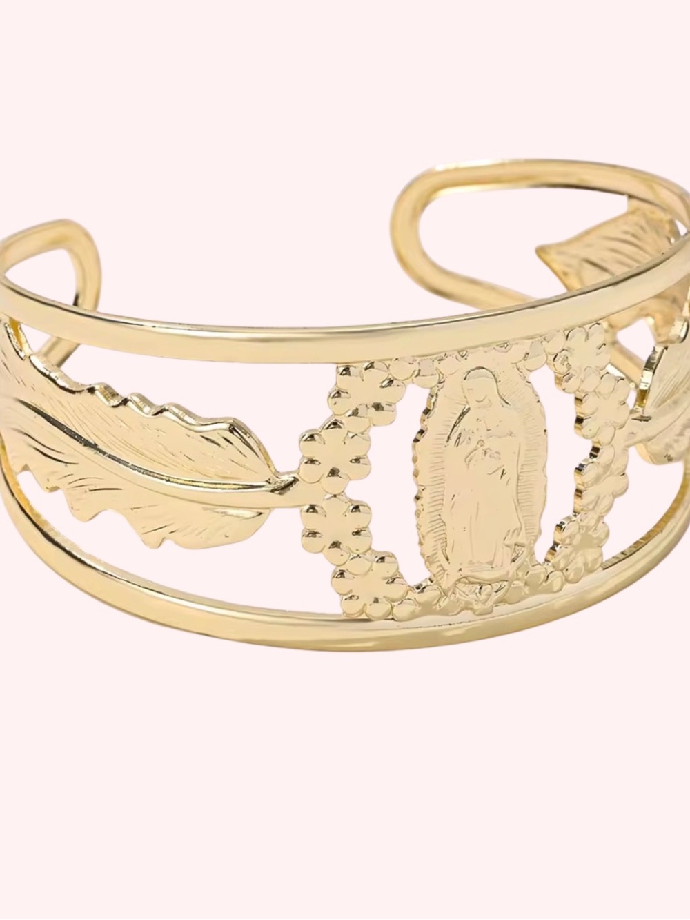 Virgin Mary Gold Plated Open Bangle Bracelet with Feather & Floral Design - Picture 5 of 6